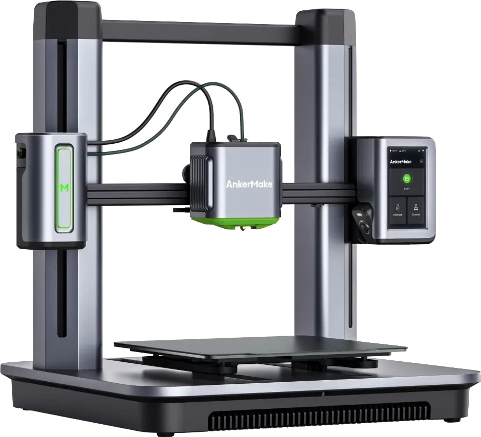 Close up of a 3D printer nozzle extruding green filament