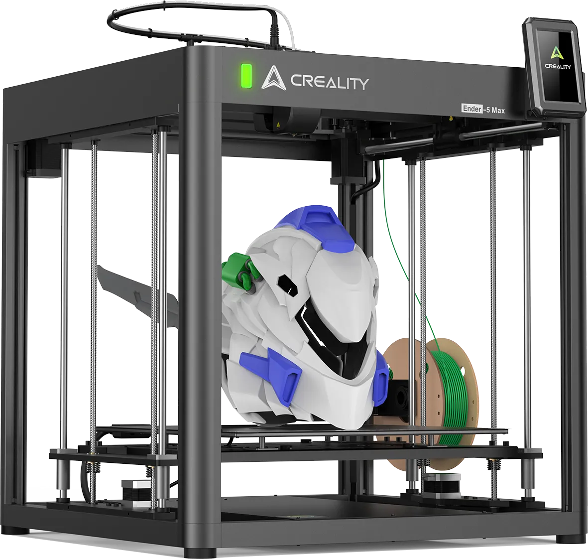 Close up of a 3D printer nozzle extruding green filament