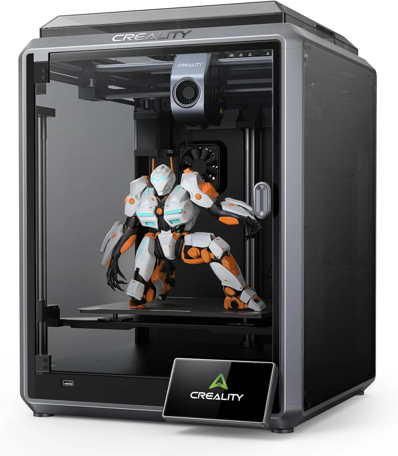 Close up of a 3D printer nozzle extruding green filament