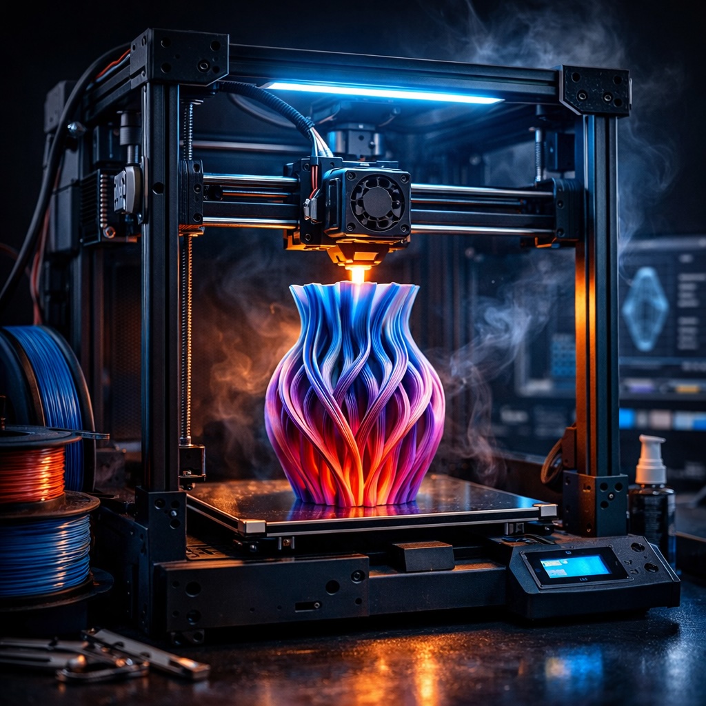 High-tech modern 3D printer render on dark background